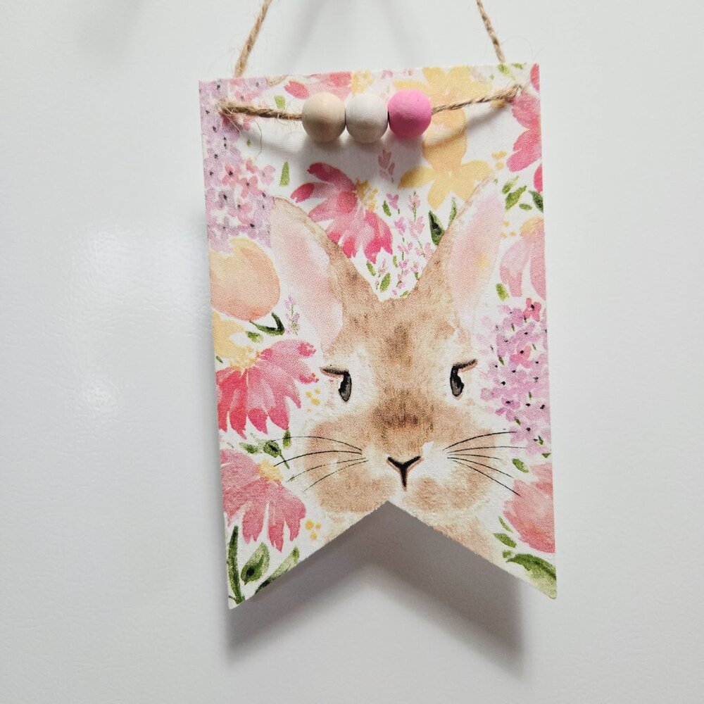 Handcrafted Decoupage Floral Easter Bunny Wooden Hang Tag Tiered Tray Home Decor